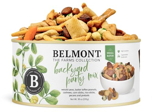 Belmont Peanuts Backyard Party Mix, 18 oz (Pack of 1) | Butter Toffee Peanuts, Wasabi Peas, Cashews, Corn & Rice Sticks, Pecans, Pretzels | Simple Ingredients, No Preservatives, Hand-Seasoned