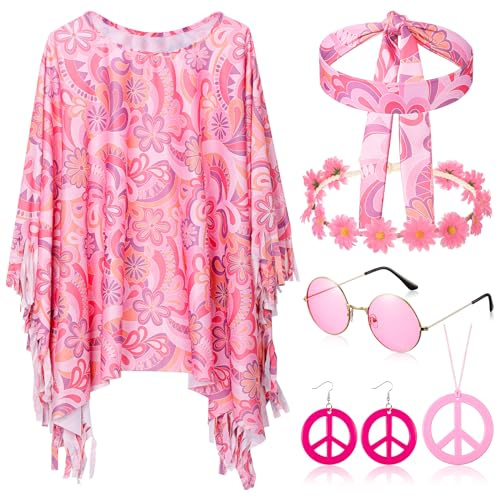Hicarer 6 Stück 70er Jahre Outfit Damen Hippie Kostüm Set inklusive Hippie Poncho Peace Halskette und Ohrringe Stirnband Sonnenbrillen 60er 70er Jahre Flower Power Karneval Kostüm