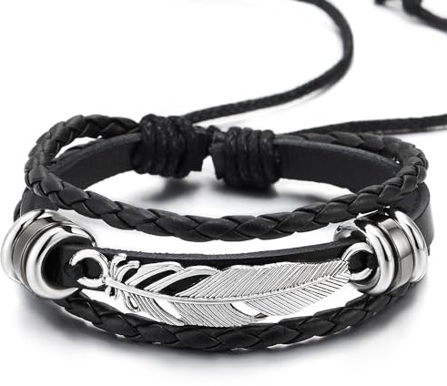 COOLSTEELANDBEYOND Feder Blatt Geflochtene Lederarmband für Herren Damen, DREI Reihen Leder Schweißband