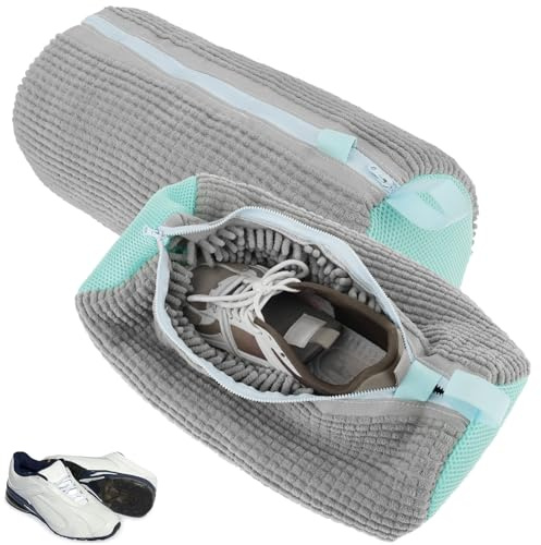 2 Stück Wäschenetz Schuhe, Wäschesäcke für Waschmaschine Schuhe mit 360°-Reinigungsflaum, Wiederverwendbare Schuhe Waschbeutel Mit Reißverschluss, Wäschenetze Schuhe für Sneaker, Socken, Bhs (Grau)