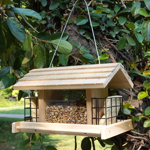 Liawm Vogelfutterstation aus Holz für den Außenbereich, Hängehalterung, große Kapazität, Kiefern-Gartendach-Futterstation mit 2 Talgkäfigen, Kardinal Bluebird Vogelfutterstation für Gartendekoration,