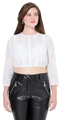 Ulla popken dam stora storlekar överdimensionerade plus size dirndlblus, elastisk spets, rund hals, 3/4-ärm, Snövit, 50 SE