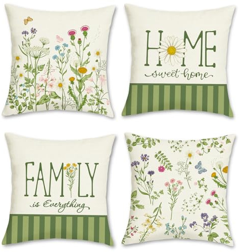 Bonhause 4er Set Kissenbezüge Blumen Garten 45 x 45 cm Blume Blätter Grüne Streifen Dekorative Kissenhülle Zierkissenbezüge für Sofa Zuhause Garten Outdoor Dekoration
