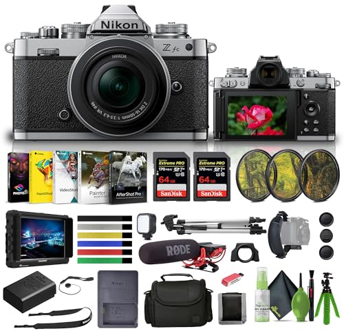 Nikon Zfc Mirrorless Camera with 16-50mm Z Lens Silver (1675) + 4K Monitor + Video Mic + 2 x 64GB Memory Card + Filter Kit + Pro Tripod + Bag + Card Reader + LED Light + More