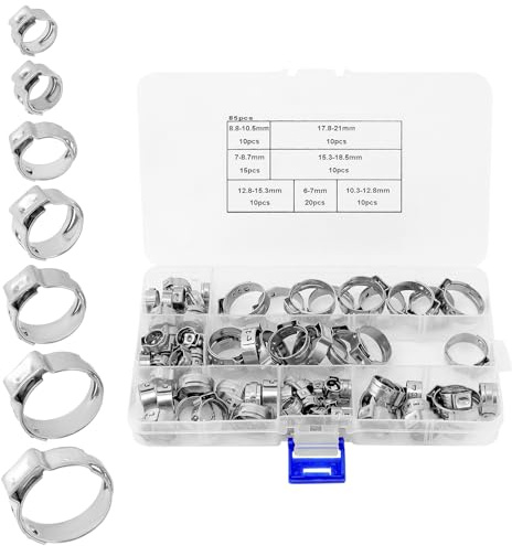 QWORK® 85 Stück Einzelohrschlauchschellen, 7-21mm Einstellbare Edelstahl Rohrschellen, Korrosionsbeständige Schlauchschellen Set, Kraftstoffleitung Schellen