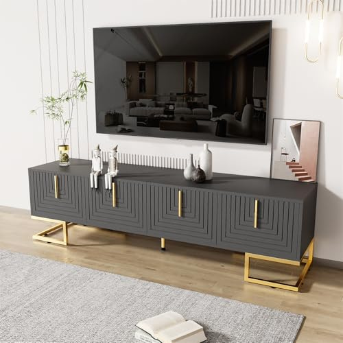 Generisch 170Cm TV-Schrank Für Wohnzimmer Esszimmer Schlafzimmer, Lowboard Mit Strukturierter Tür, TV-Möbel Mit Schubladen, Goldenen Griffen Und Goldenen Füßen,Schwarz