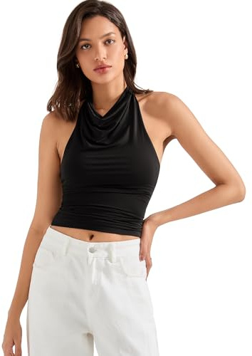 SUUKSESS Women Halter Backless Tank Tops Sexy Cowl Neck Summer Going Out Tops Sleeveless Camisole Top (Black,S)