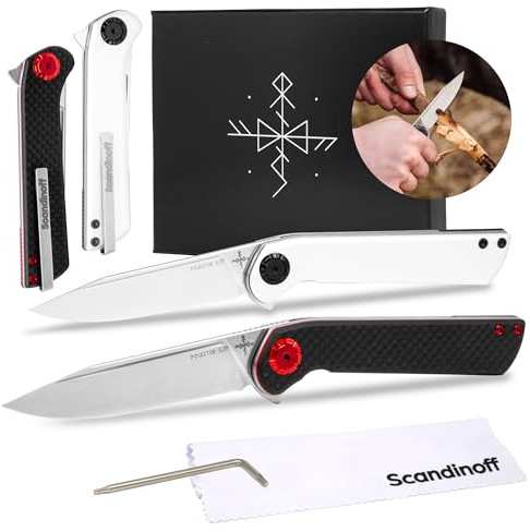 Scandinoff Doppelpack Pocketor Slim Klappmesser – Taschenmesser Einhandmesser für Outdoor, Jagd & Selbstverteidigung, Hochwertiges Wandermesser mit Ergonomischem Griff (Alu & Carbon Fiber)