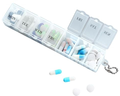 Tablettenbox 7 Tage, Pillendose 7 Tage Regenbogen Medikamentenbox Wochen Tablettendose Kleine eicht Zu Öffnen mit einem einzigartigen Design und Fächern für Unterwegs
