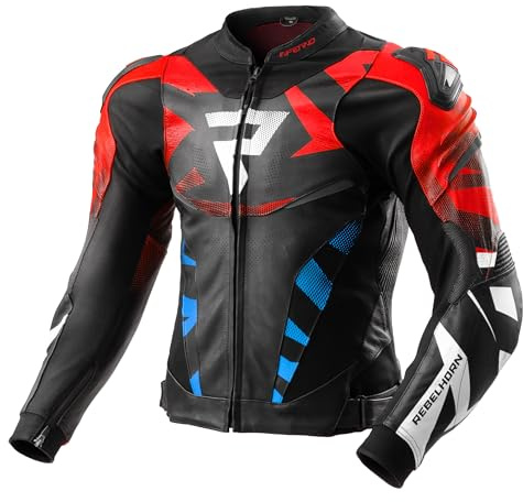 REBELHORN Inferno Motorradjacke Herren | Leder | Ellbogen, Schulter und Rückenprotektor RE ZRO Stufe 2 | Schulterschleifer | In&Out Winddicht Weste | Belüftungspaneele | Größen bis 62
