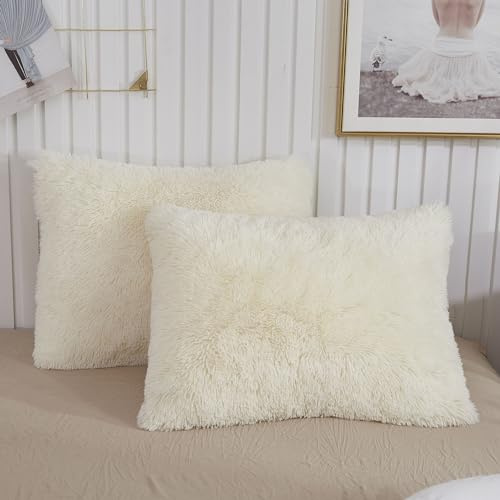 XeGe Set of 2 Fluffy Faux Fur Pillowcases, Standard Size 50x75cm, Beige | Soft Plush Shaggy Cream Pillow Cases, Fuzzy Furry Decorative Ivory Long Pillow Covers for Bed Couch Sofa, Zipper Closure