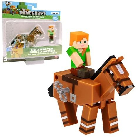 Bizak Minecraft Figura Alex e Cavallo con Movimento, Modelli da collezione, Licenza ufficiale del videogioco di costruzione e Bricks, Adulti Fan e ragazzi o ragazze (64110030-1)