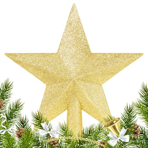 VEYLIN Christmas Tree Star, Gold Glitter Christmas Tree Topper Xmas Tree Top Star for Xmas Trees Ornament