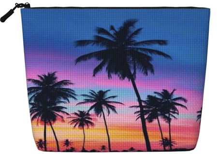 FEYUNYAN Water-Resistant Cosmetic Pouch Organizer for Women Travel, Makeup Bag with Zipper, Lightweight Daily Essentials Pouch for Toiletries Art Supplies Storage, Palm Trees Fake Hemp Makeup Bag