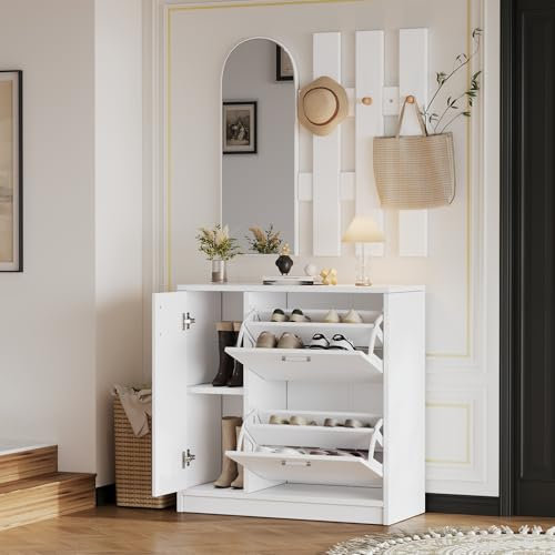 NNJN Zapatero con puertas abatibles para pasillos pequeños, juegos de perchero con espejo y ganchos, zapatero, zapatero, estante de salón, 2 puertas plegables y una puerta corredera