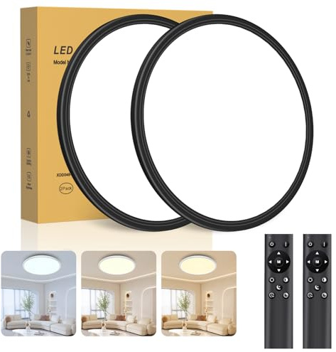 Swoieltr 2 Stücke Deckenlampe LED Ultradünne Deckenleuchte mit Fernbedienung Dimmbar (3000K-6500K), 24W 2800LM, IP44 | Ø30cm (2,4cm) | Küchenlampe Wohnzimmer, Schlafzimmer, Badezimmer Schwarz