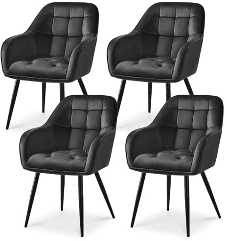 ELUCHANG Esszimmerstühle 4er Set, Samtstoff, Moderne Küchenstuhl Polsterstuhl mit Armlehne, 150 kg belastbar, Sessel Bequem, Wohnzimmerstuhl, Loungesessel für Esszimmer, Wohnzimmer, Dunkelgrau