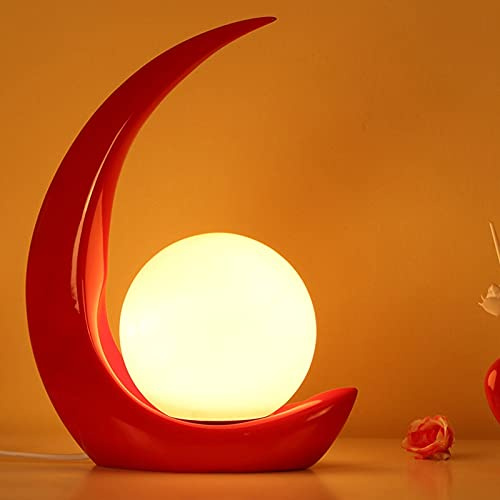 Lampada da comodino, lampada da tavolo, moderna e creativa, a forma di mezzaluna, in resina, 1 lampadina, colore rosso, con paralume in vetro smerigliato, per camera da letto, soggiorno, dormitorio,