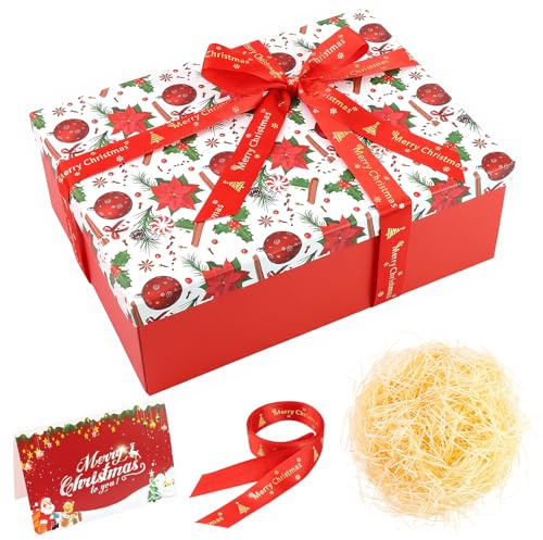 Geschenkboxen Weihnachten, 29 * 21 * 10.5 CM, Geschenkbox mit Deckel, Faltbare Geschenkbox, Geschenkkarton Weihnachten MitSchleife, Grußkarte und Füllmaterial (Rot-weißes Glockenmuster)