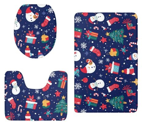 badezimmerteppich Set Dunkelblaue Weihnachten Badezimmermatte WC Teppich Dekoration Schnell Trocknend Badgarnitur 3 Teilig Stand WC Deckelbezug Badvorleger rutschfest Waschbar 50x80 cm