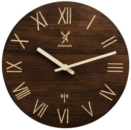 Holzwerk Germany Vintage Natur Holz Funkwanduhr Funk Wanduhr Holzuhr Vintage Funkuhr lautloses Uhrwerk ohne Tickgeräusche Braun Weiß lautlos Retro Rustikal Massivholz Natur Uhr Römische Ziffern 25 cm