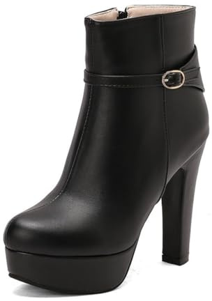 Stivaletti Con Tacco Alto Da Donna, Eleganti Stivaletti Corti Con Plateau E Tacco A Blocco Cinturino Fibbia E Cerniera Laterale Comodi Stivaletti Invernali Corti Con Punta Tonda,Nero,39 EU