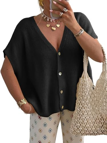 Saodimallsu Cárdigan de mujer con mangas cortas y cuello en V - Cárdigan de gran tamaño - Manga de murciélago - Chaleco de verano de punto - Color liso - Ligero - Con ojal, Negro , XL