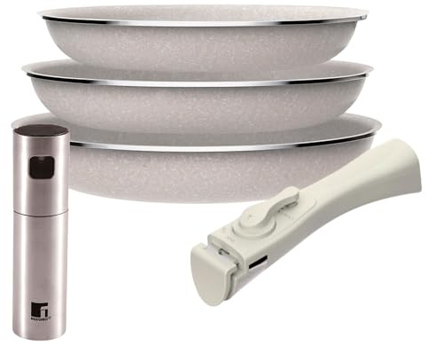Juego de 3 sartenes San Ignacio Ø18Ø20Ø24cm aluminio prensado, antiadherente con mango extraíble+Pulverizador de Aceite y vinagre en acero inoxidable