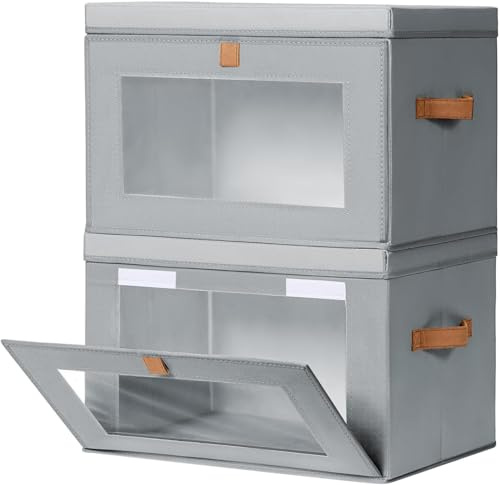 DIMJ Aufbewahrungsboxen mit Deckel Stoff - 2er Set Aufbewahrungskorb Stoff Faltbare Storage Boxes mit Transparentem Sichtfenster, 42 x 30 x 28 cm Faltbox für Kleidung, Waschbare, Kinderzimmer, Grau