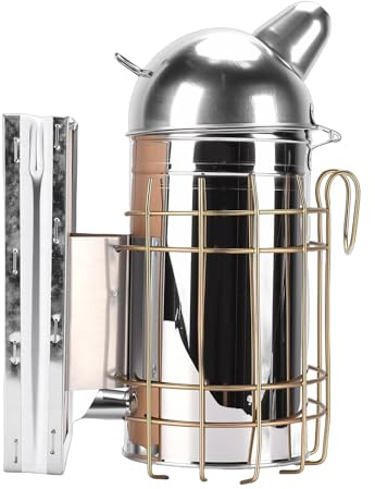 Denash Professional Stainless Steel Bee Smoker with Hanging Hook and Heat Guard - Prevent Burns, Beekeeping Equipment for Safe Inspections, Cool Smoke (Round Nozzle 800g A)