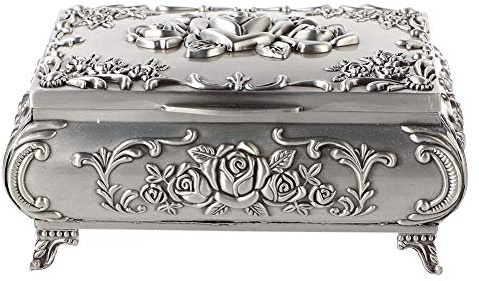 Pongnas Vintage Schmuckkästchen, luxuriös, rechteckige Form, Metall, weiblich, Antik Silber (12,5 x 9,5 x 5,5 cm)