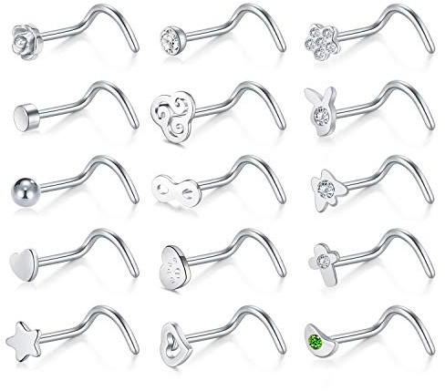 Briana Williams 15stk Nasenstecker Nasenpiercing Stecker Set Chirurgenstahl 20G Nase L Form Spirale Gerade Silber Piercing Schmuck