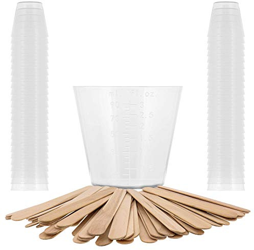 Pouring Masters 3 Oz (90 ml) Liquid Measuring Cups - Plastic Graduated Cup (50 Pack) with 25 Sticks - Reusable Mixing Cups for Paint, Craft, Kitchen, Lab, Medical Supplies, Epoxy Resin, Art