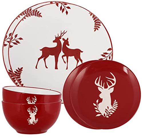 6 Piece Stoneware Dinner Set - Christmas Dinner Plate, Side Plate & Bowl | 2 Place Settings, Dishwasher Safe, Microwave Safe, Red, Glazed, Reindeer, Stag, Deer, Christmas Crockery