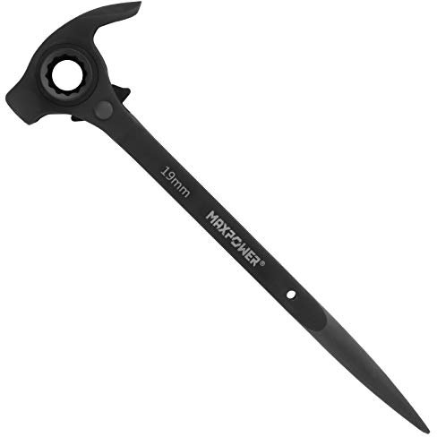 MAXPOWER Claw Hammer with 17mm x 19mm Scaffold Ratchet Spanner, Podger Spanner, Pry Bar and Nail Puller Function