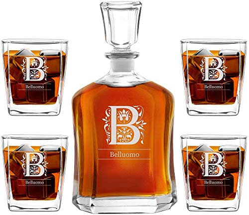 Maverton Set Decanter per Whisky in vetro - da 700 ml - incisione personalizzata - Caraffa + 4/6 bicchieri - idea regalo per il compleanno per la donna - Il cognome