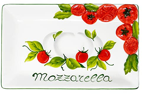 Lashuma Tomate - Mozzarella Servierplatte aus italienischer Keramik, handgefertigter rechteckiger Servierteller 26 x 16 cm