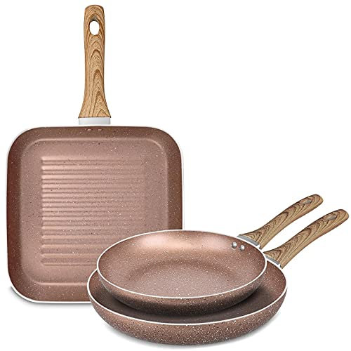 Gr8 Home 3 Piece Induction Rose Gold Non Stick Marble Pan Set Frying Fry Pan Griddle Grill Kitchen Cooking Cookware with Wooden Handle (Griddle Pan Not Induction)