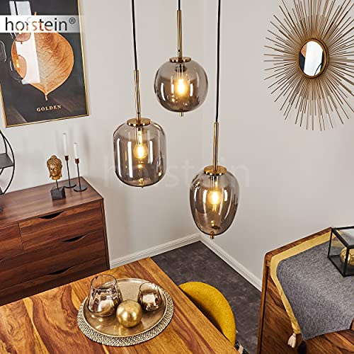 Pendelleuchte Verbania, moderne Deckenlampe aus Metall/Glas in Messing/Rauchglas, Hängeleuchte im Vintage-Design m. Glasschirmen, 3-flammig, 3 x E14, Höhe max. 130 cm, ohne Leuchtmittel