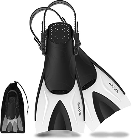 WACOOL Adult Short Light Adjustable Travel Size Fins Short Blade Fins Flippers for Snorkeling Diving Scuba Swimming Training (White,L-XL)
