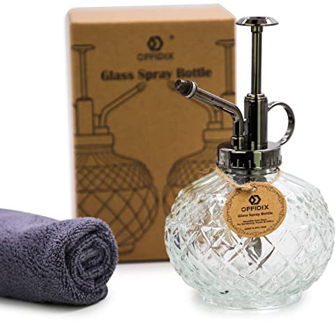 OFFIDIX Glas-Pflanzenvernebel, 300 ml, Sprühflasche im Vintage-Stil, Gießkanne mit Kunststoffpumpe, Blumengießkanne für Topfpflanzen, Garten, Reinigung (transparent)