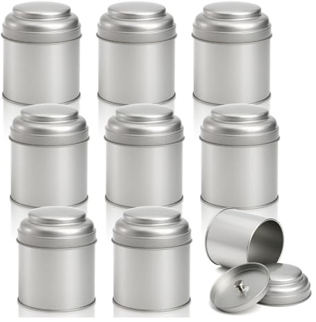 Lawei 9 Pack Tea Tins Canister with Airtight Double Lids, 8 OZ Round Tin Can Box, Small Kitchen Canisters Containers for Storage Tea, Coffee, Sugar, Loose Leaf, Candy, Herbs and Spices, Silver
