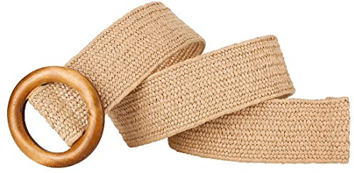 Clyhon Geflochtener Strohgürtel für Damen mit Schnalle im Holz-Stil, elastisch, schlank, Kleid, Taillengürtel