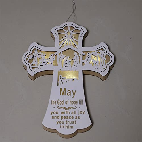 BFYDOAA Wandmontiertes Kruzifix-Kreuz, geschnitzt, Holz-Krippenfigur, beleuchtet, zum Aufhängen, für Kirche, christliche, religiöse Heilige Familie