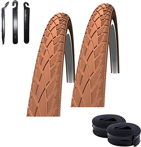 2 x Schwalbe Road Cruiser Braun Reflex Fahrradreifen Decke 42-622 (28 x 1.60) + 2 Schwalbe AV17 Schläuche inkl. 3 Reifenheber