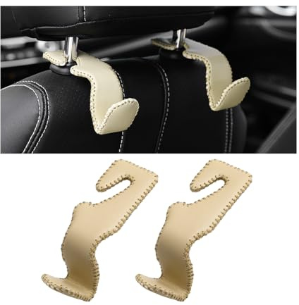 CGEAMDY 2 Stück Auto Kopfstützen Leder Hängen Haken, Auto Kopfstütze Autositz Lagerung Haken, Auto Innneraum Zubehör Für Lebensmittel-Taschen, Inhaber Haken (Beige)