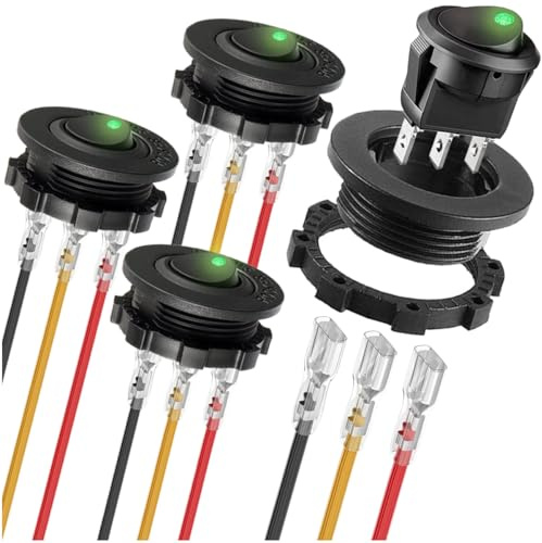 MKBKLLJY 4St. Runder Wippschalter DC 12V 20A 24V 10A SPST 3Pin Ein Aus 12V DC Kippschalter Grün LED Beleuchteter Schalter für Auto Boot mit Runder Schale Verriegelte Klemme Drähte
