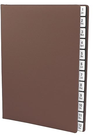 Pultordner mit Register 1-12 (Jan.-Dez.) aus genarbtem Vollrindleder in Braun, passend für DIN A4, Softcover mit dehnbarem Rücken, Register-Trennblätter aus schwarzer Kartonage
