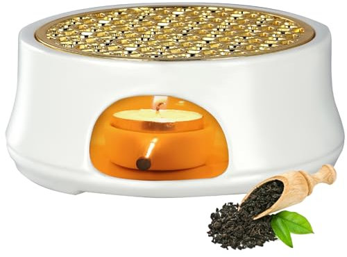 Ceramic Teapot Warmer, Coffee Warmer, Warmer for Teapot with Tray and Candle Holders, Carved Retro Tea Light Holder Suitable for Heating Tea and Coffee (without Candle) (White)