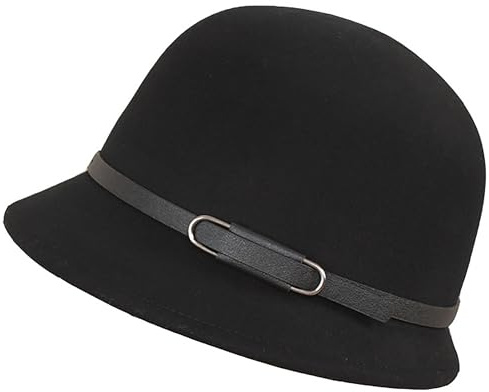 Chapeau cloche en laine des années 1920 pour femme – Chapeau melon réglable vintage en feutre pour l'hiver chaud chapeau d'église, noir, Taille M